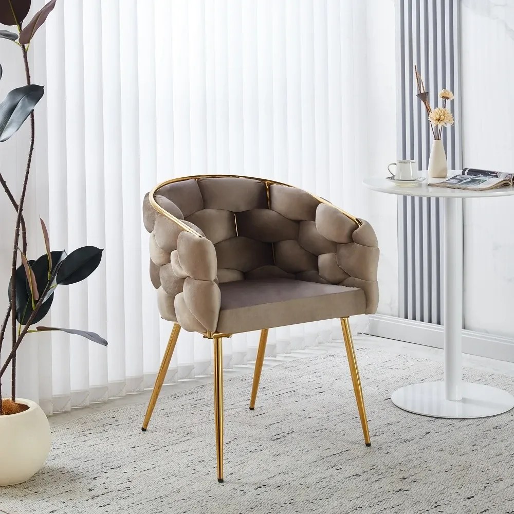 RESIGILAT- Scaun dining, tapiterie catifea, cadru metalic auriu, Maro Gri