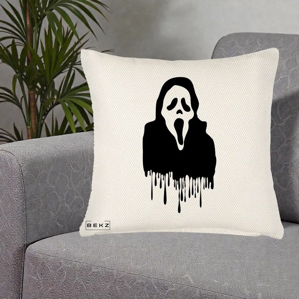 Perna Personalizata Halloween Ghostface Scream Picurand, 40x40 cm, Crem Reliefat, Husa Detasabila, Perna Inclusa, BEKZ®