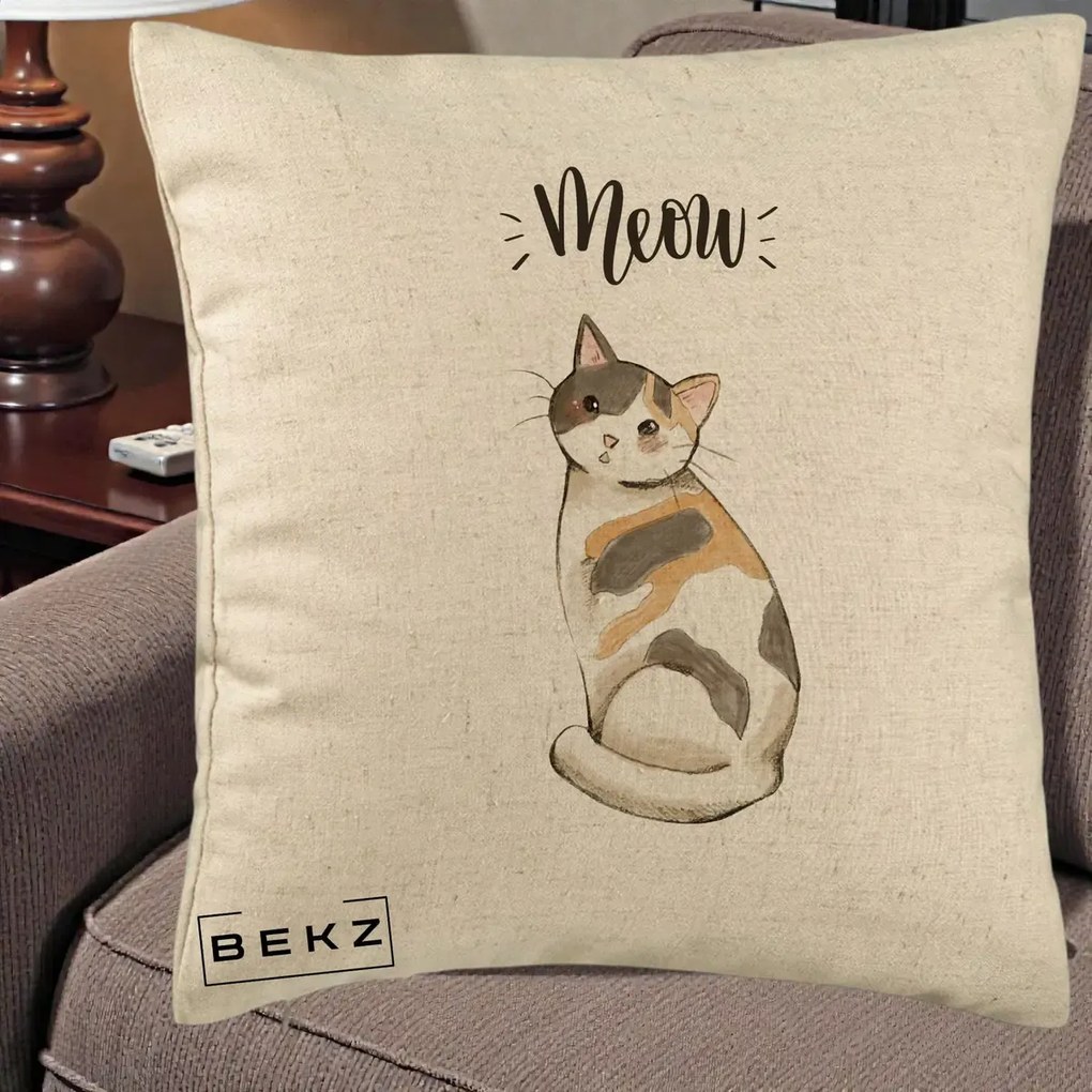 Perna Personalizata Pisica Meow Acuarela, 40x40 cm, Bej, Husa Detasabila, Perna Inclusa, BEKZ®