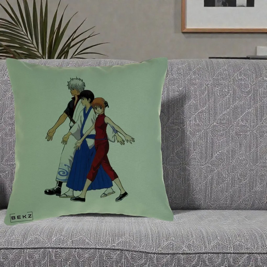Perna Personalizata Gintama Trio Gintoki Shinpachi Kagura, 40x40 cm, Verde, Husa Detasabila, Perna Inclusa, BEKZ®