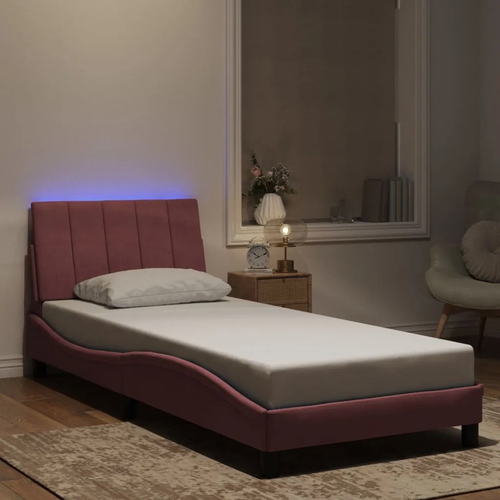 vidaXL Cadru de pat cu lumini LED, roz, 80x200 cm, catifea