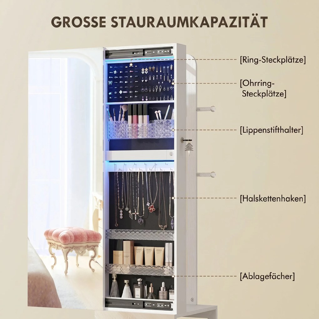 HOMCOM Dulap pentru Bijuterii Rotativ cu Oglindă, Lumină LED și Încuietoare Negru | Aosom Romania