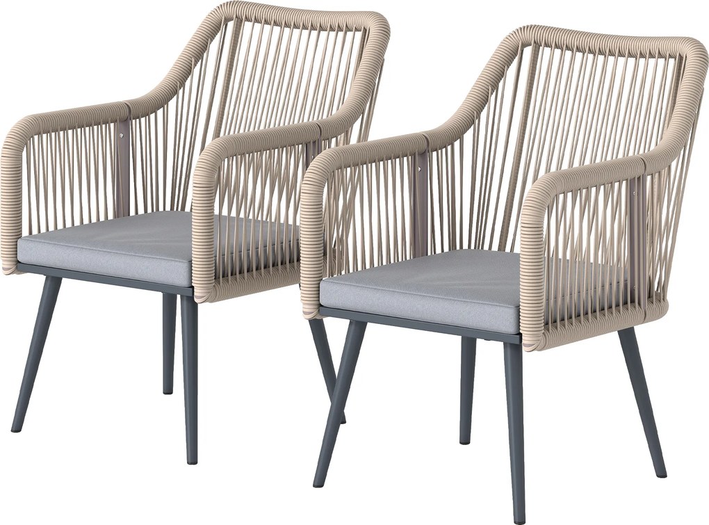 Outsunny Set de 2 scaune de grădină pentru exterior din ratan cu perne, cotiere și cadru din oțel pentru terasă 54x65x80 cm gri | Aosom Romania