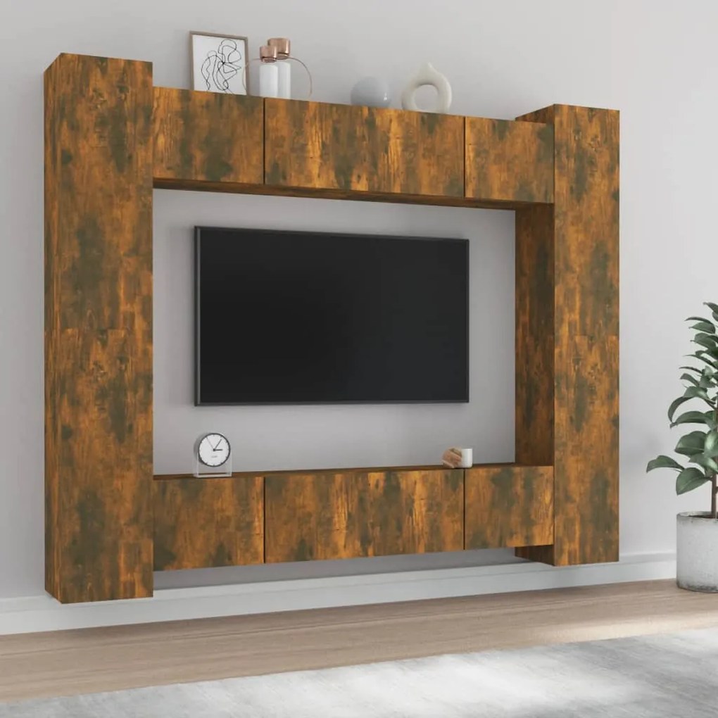3114235 vidaXL Set dulap TV, 8 piese, stejar fumuriu, lemn prelucrat