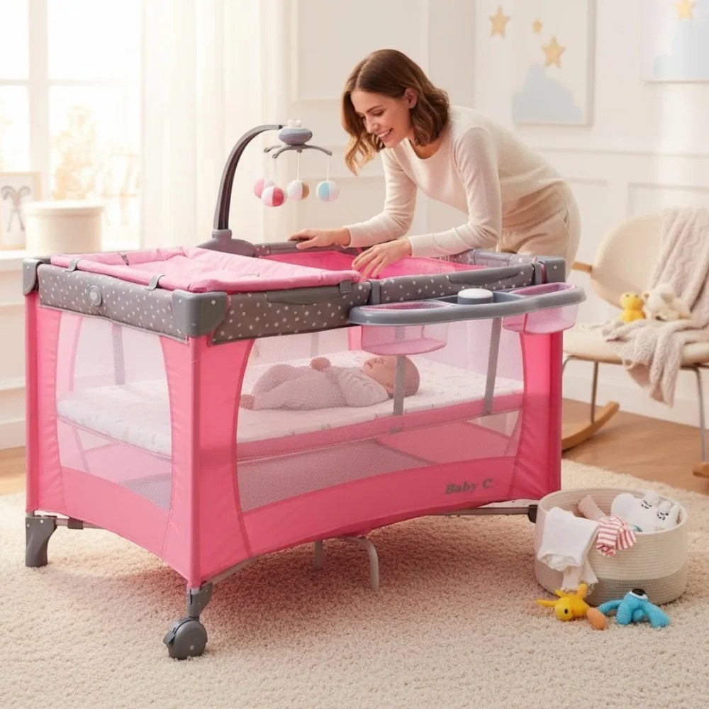 Patut Pliabil si Tarc copii Baby Care™ PRO FMAT, 2 Niveluri de inaltime, Cu melodii si Masa infasat, Carusel cu jucarii din plus, Plasa insecte, Roz