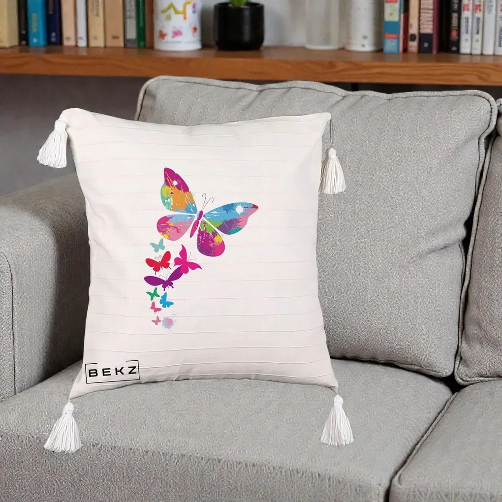 Perna Decorativa Fluturi Splash, 40x40 cm, Bej cu Franjuri, Husa Detasabila, Perna Inclusa, BEKZ®
