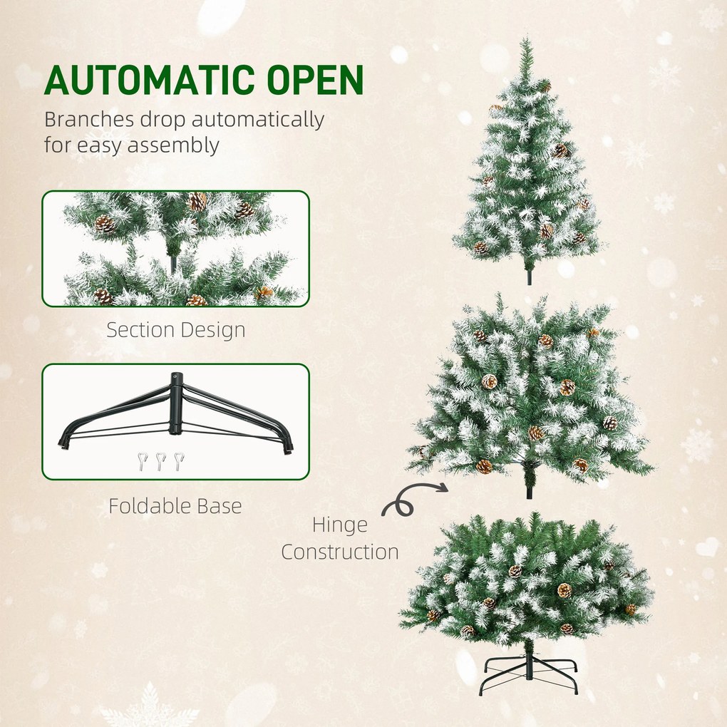 HOMCOM Brad de Crăciun Înzăpezit cu Conuri, Brad Artificial cu Deschidere Automată și Bază Pliabilă, Ø103x180 cm, Verde | Aosom Romania