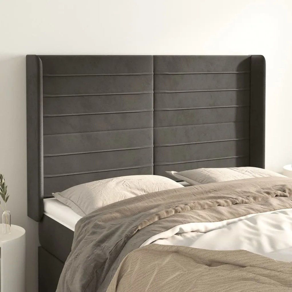 vidaXL Tăblie de pat cu aripioare gri închis 147x16x118/128 cm catifea