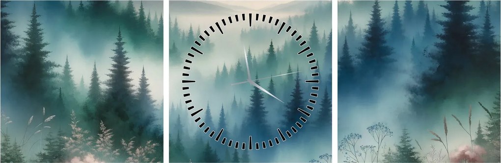 Tablou - Peisaj forestier cu ceață (cu ceas) (90x30 cm)