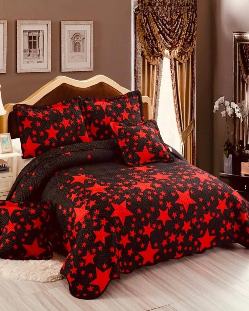 Cuvertura de pat si 4 fete de perna, pat 2 persoane, 100% bumbac, negru / rosu, E-S117