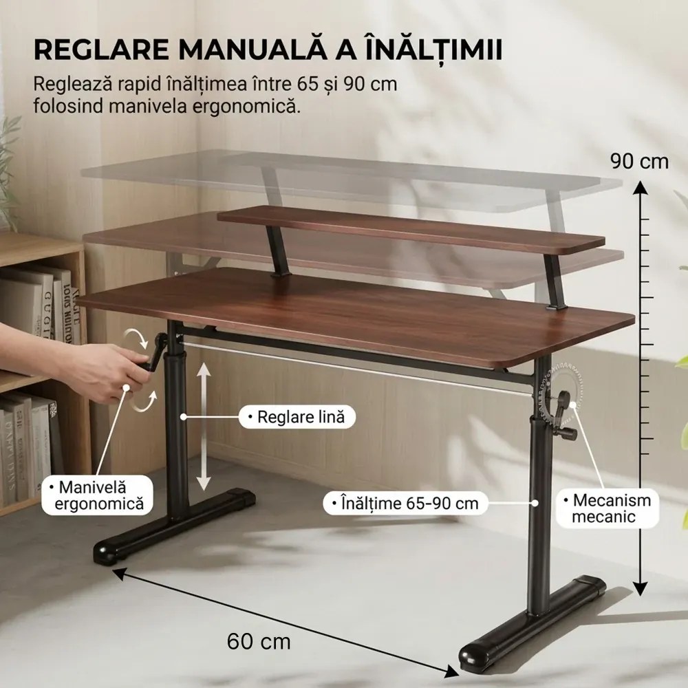 RESIGILAT- ERGOLEV WX-007 – Birou Reglabil Manual cu Înălțime Ajustabilă 65–90 cm, Blat Monobloc din PAL de Înaltă Densitate 15 mm, Cadru Metalic din Oțel, Raft Superior Integrat, 100x60 cm, Walnut