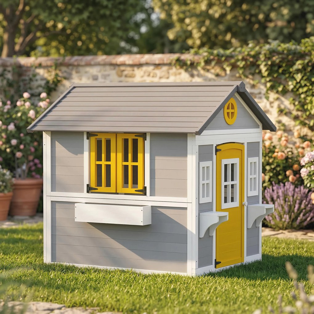 Outsunny Căsuță din Lemn pentru Copii 3-8 Ani, Căsuță de Grădină cu Ferestre, Acoperiș Înclinat, Ghivece și Jardiniere, Gri, Galben, Alb | Aosom Romania