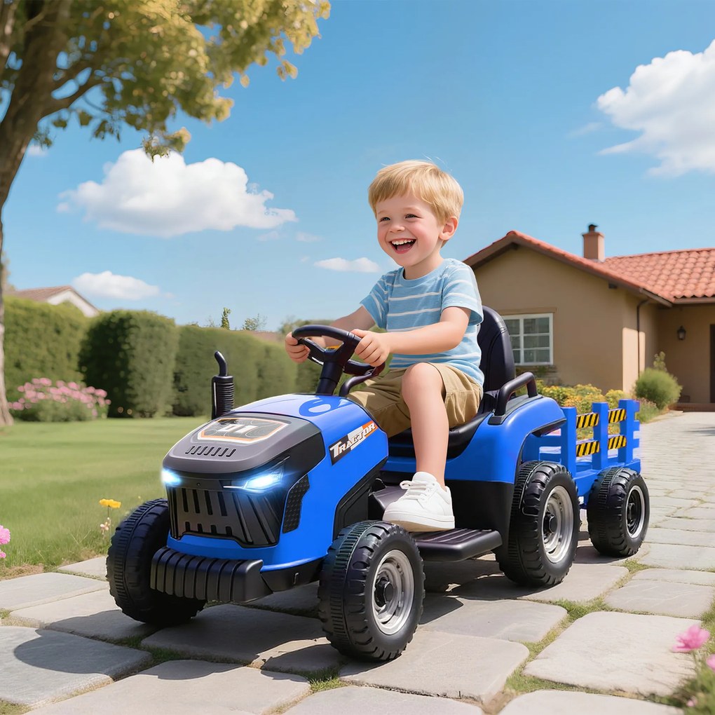 AIYAPLAY 2 în 1 Tractor Electric pentru Copii 3-8 Ani cu Remorcă Detașabilă, Telecomandă, Muzică, Lumini, Albastru | Aosom Romania