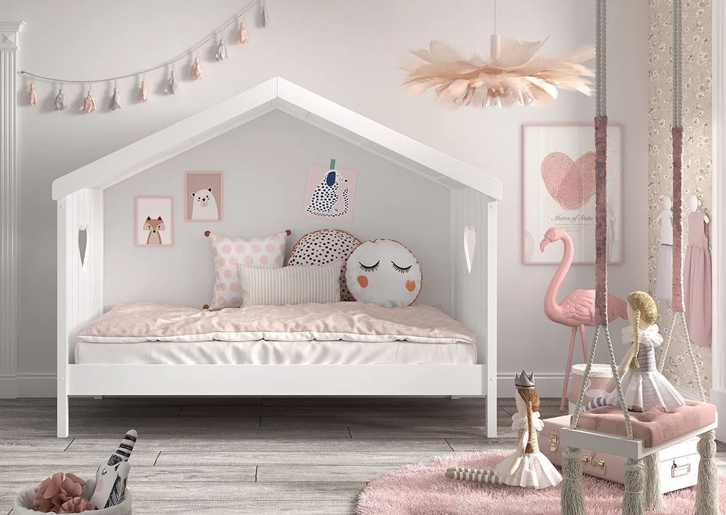 Pat Căsuță AMORI pentru Copii, 90x200 cm, Alb, cu Sertar Multifuncțional – Vipack