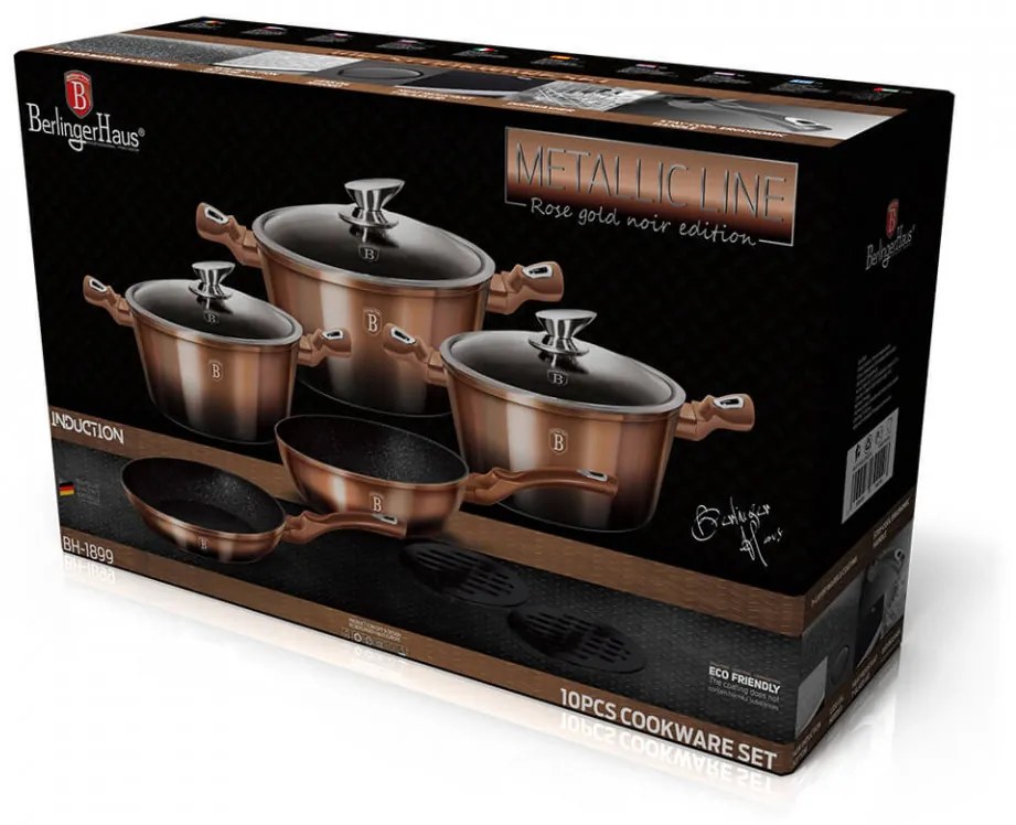 Set oale si tigai marmorate (10 piese) din aluminiu forjat Rose Gold (Cupru) Noir Metalic Line Berlinger Haus BH 1899N
