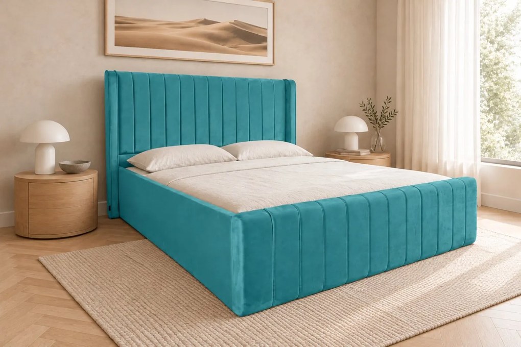 Pat tapițat din catifea Aurelia Simple 180×200 cm, albastru deschis, cu ladă de depozitare
