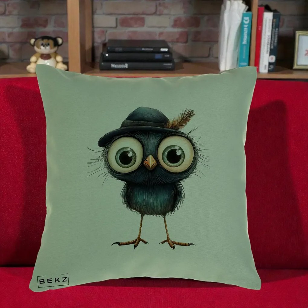 Perna Decorativa Pui Misterios cu Palarie Neagra, 40x40 cm, Verde, Husa Detasabila, Perna Inclusa, BEKZ®