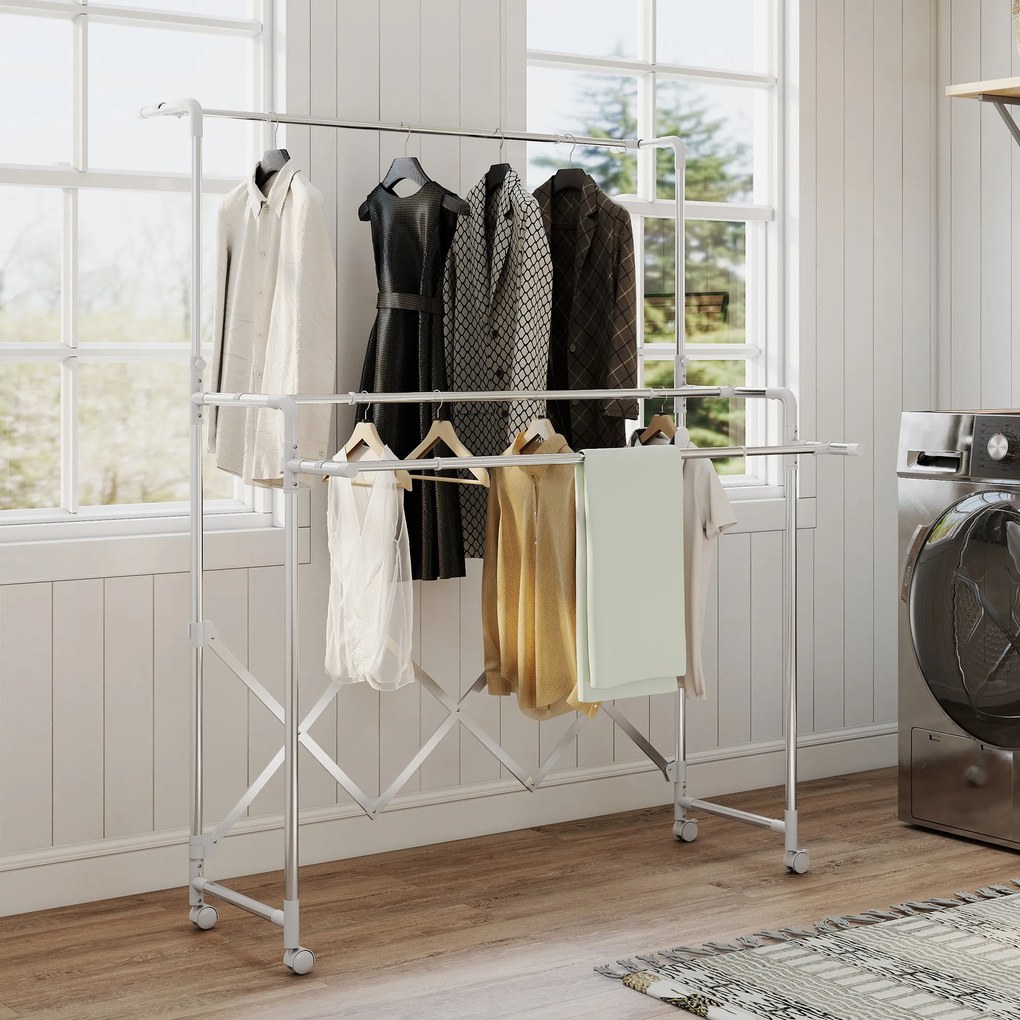 HOMCOM Uscător de Rufe Pliabil cu 3 Bare Reglabile, Uscător Vertical cu Roți Pivotante și Cadru din Oțel Inox, Uscător pentru Acasă și Spălătorie, Argintiu | Aosom Romania