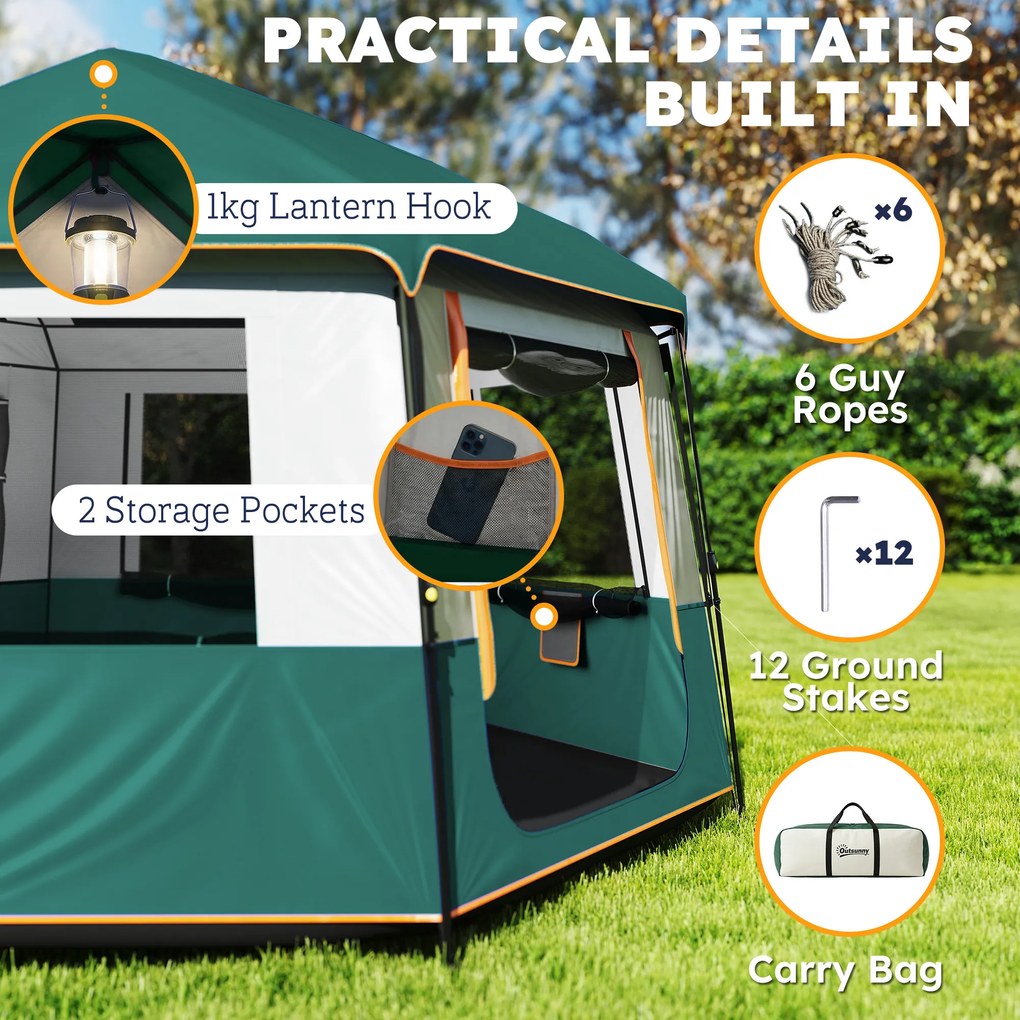 Outsunny Cort de camping pentru 4-6 persoane, stabil, impermeabil 3000mm, cort familial cu acoperire superioară detașabilă, protecție UV30+, verde | Aosom Romania