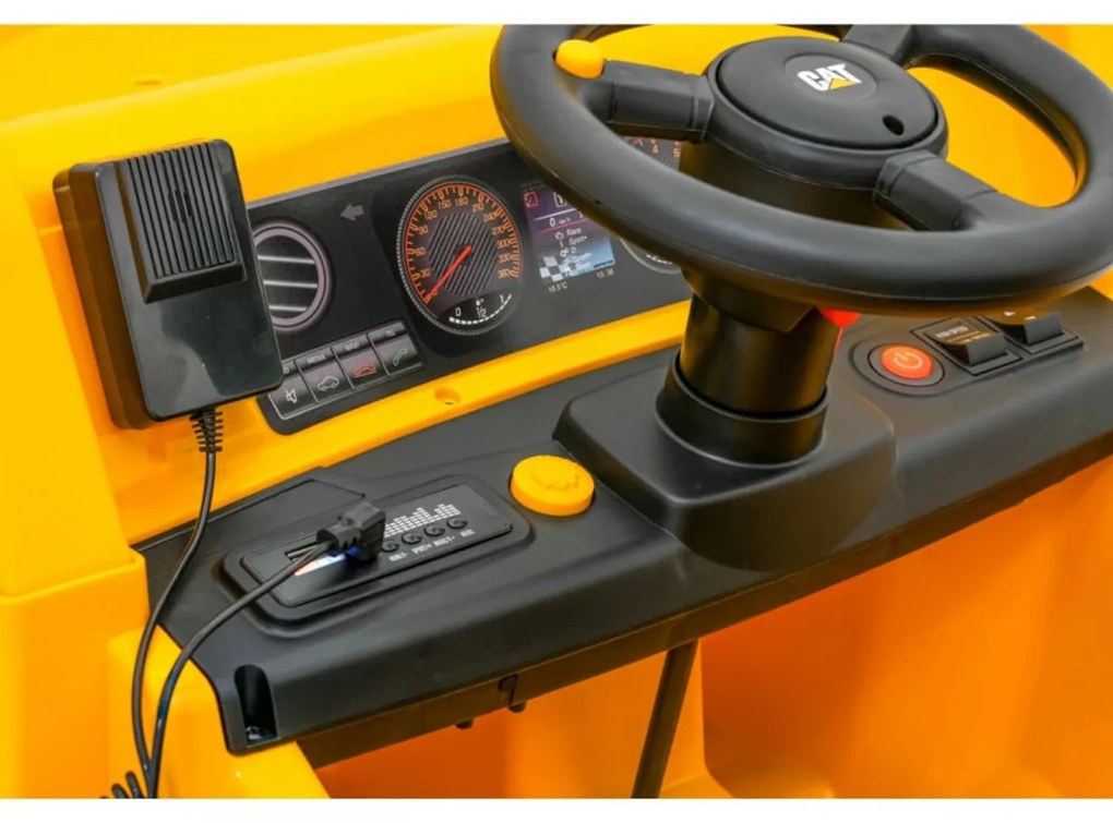 Camion Electric cu acumulator pentru copii NOVOKIDS™ Caterpillar Truck, Cu megafon si lopata incluse, Max 30 kg, 12V, 2 Viteze, lungime 107 cm,