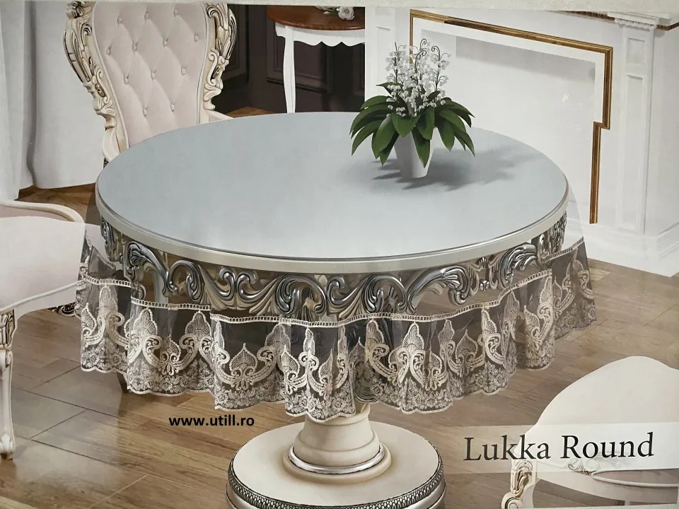 Fata de masa rotunda din silicon transparent impermeabil cu dantela, 160 cm, Lukka
