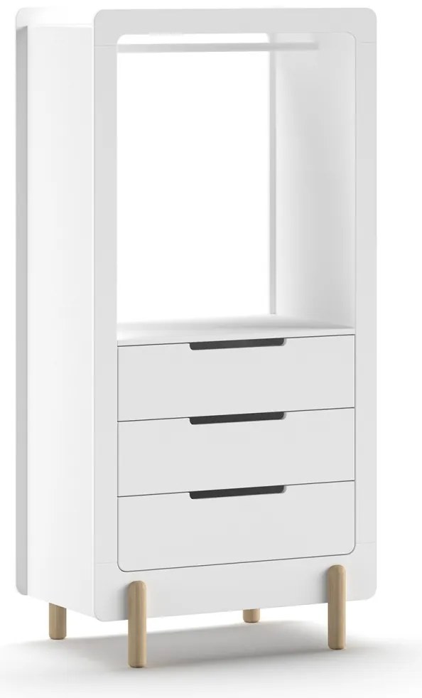 Set mobilier pentru copii SMILE, alb, pat 60 x 120 cm cu bare robuste și bază reglabilă, masă de schimbat cu trei rafturi deschise și dulap cu suport