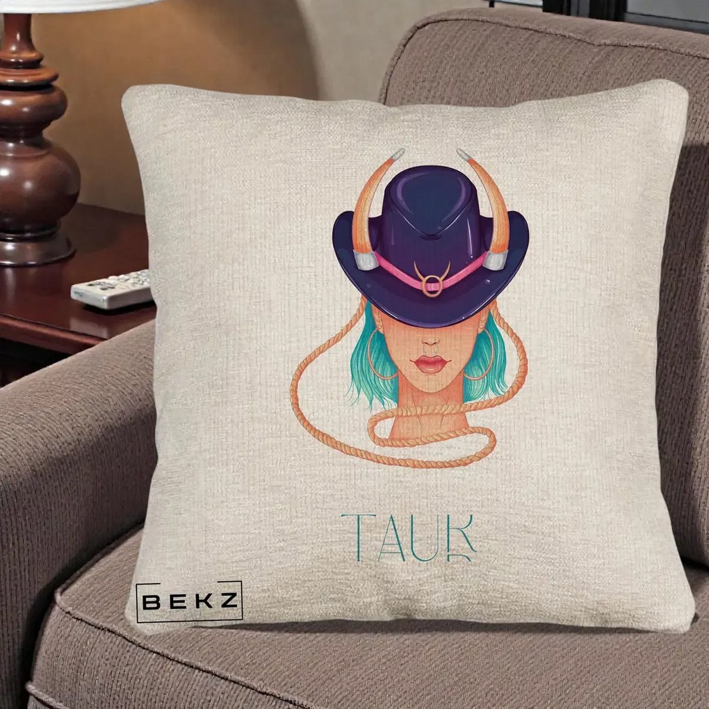 Perna Personalizata Zodie Taur, 40x40 cm, Bej Canapea, Husa Detasabila, Perna Inclusa, BEKZ®