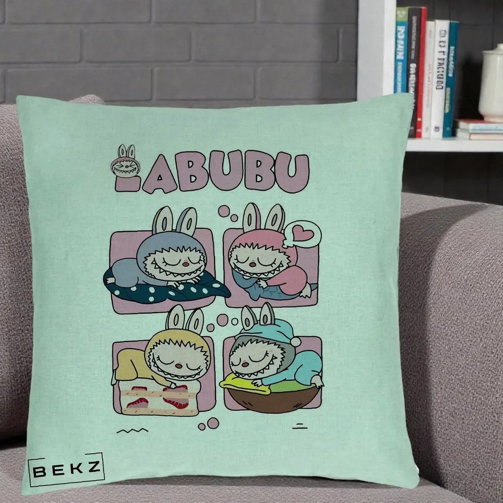 Perna Personalizata Labubu Sleeping Quad Grid, 40x40 cm, Verde Menta, Husa Detasabila, Perna Inclusa, BEKZ®