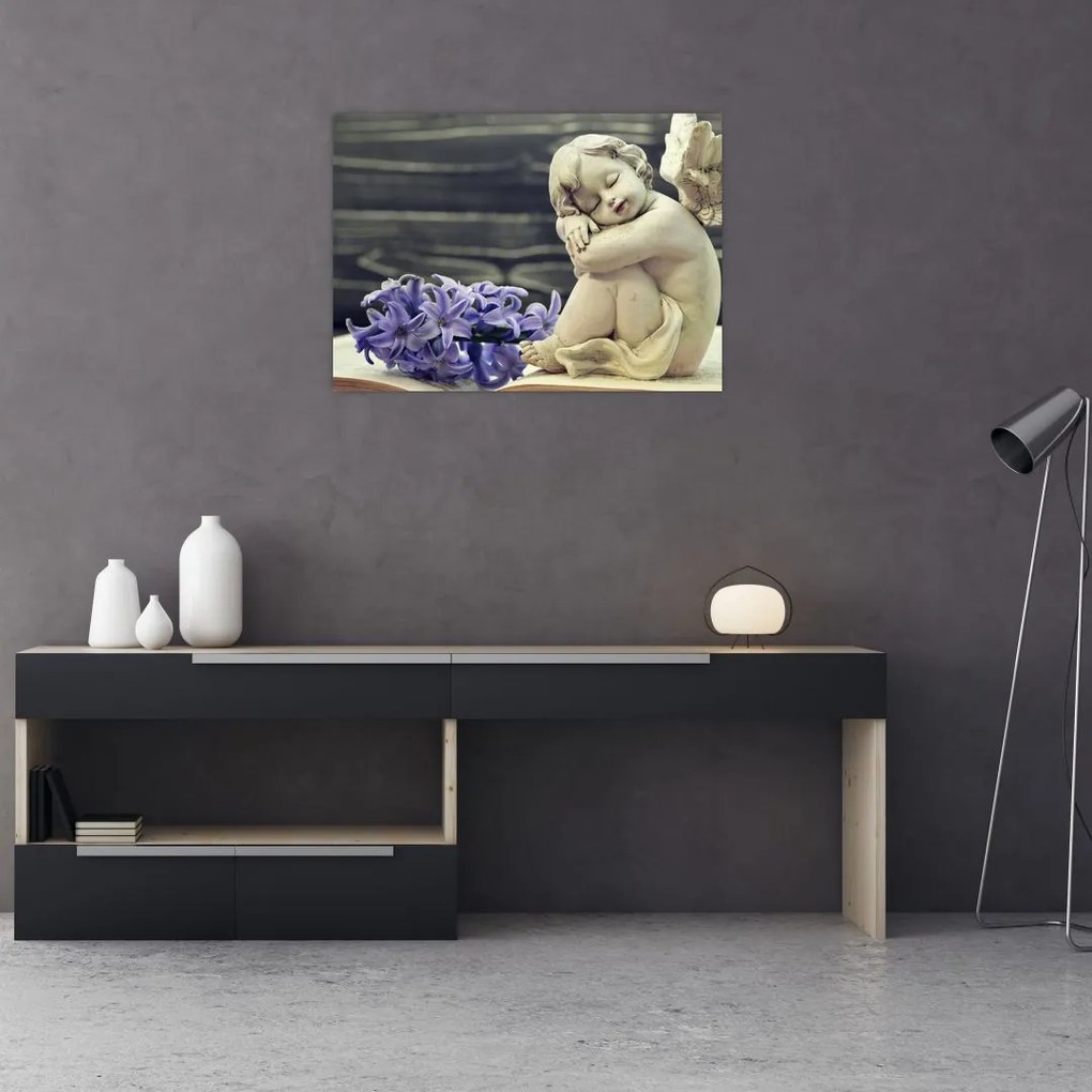 Tablou pe sticlă - Înger cu floare (70x50 cm)