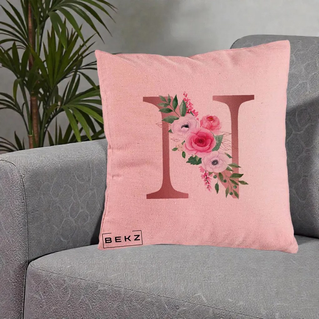 Cadou Personalizat - Perna Personalizata Monograma Rose Gold Litera N, 40x40 cm, Roz, Husa Detasabila, Perna Inclusa, BEKZ®