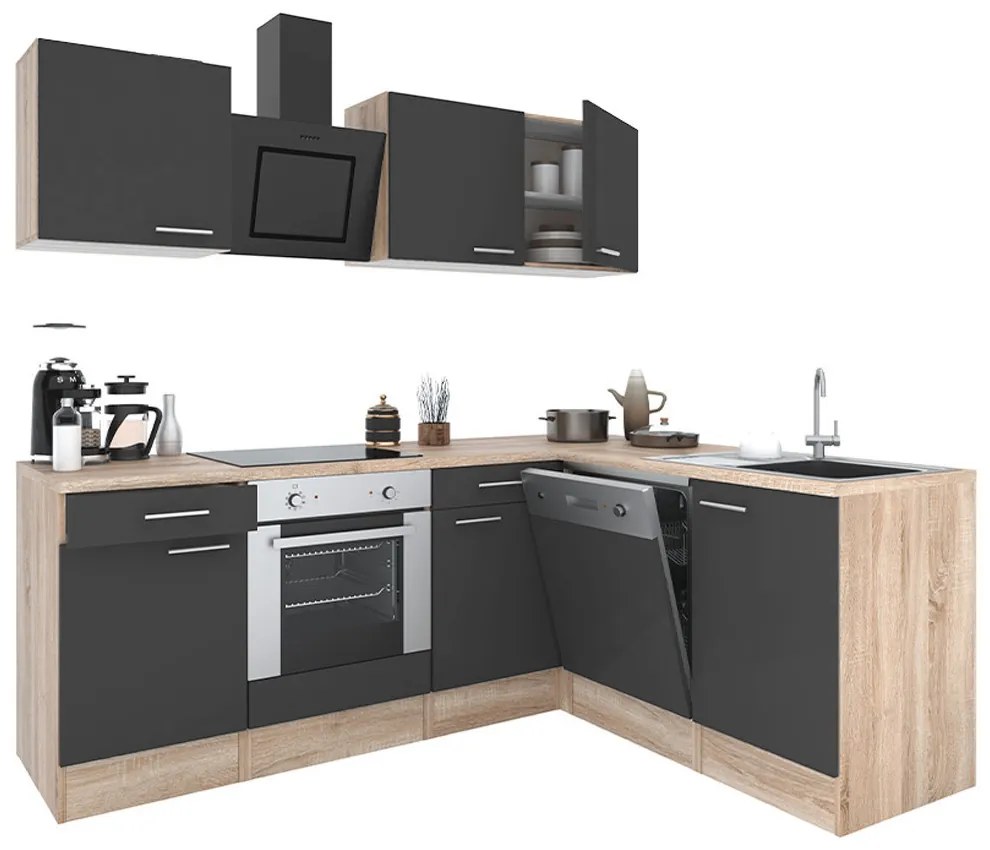 Mobilă de bucătărie de colț Yorki 220, corp din stejar sonoma, față antracit satinat, element inferior cuptor
