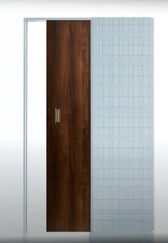 Usa glisanta HDF incastrata in perete - Colectia Basic 700 x 2000, 715 x 2020, Folie Decor, 1600 x 2100, Set maner + broasca cu cioc, Nuc