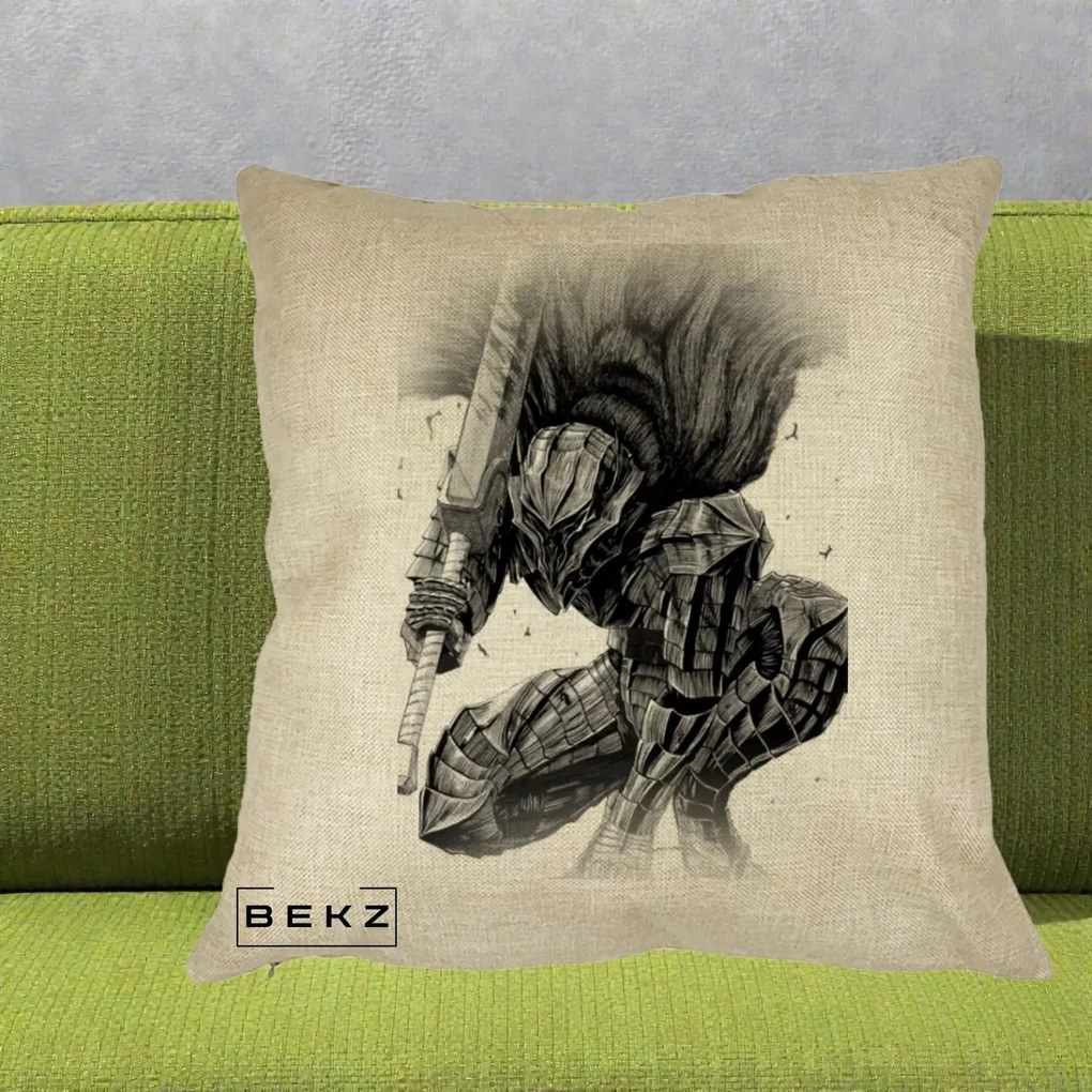 Perna Personalizata Berserk Guts Armor of Darkness Manga, 40x40 cm, Crem, Husa Detasabila, Perna Inclusa, BEKZ®