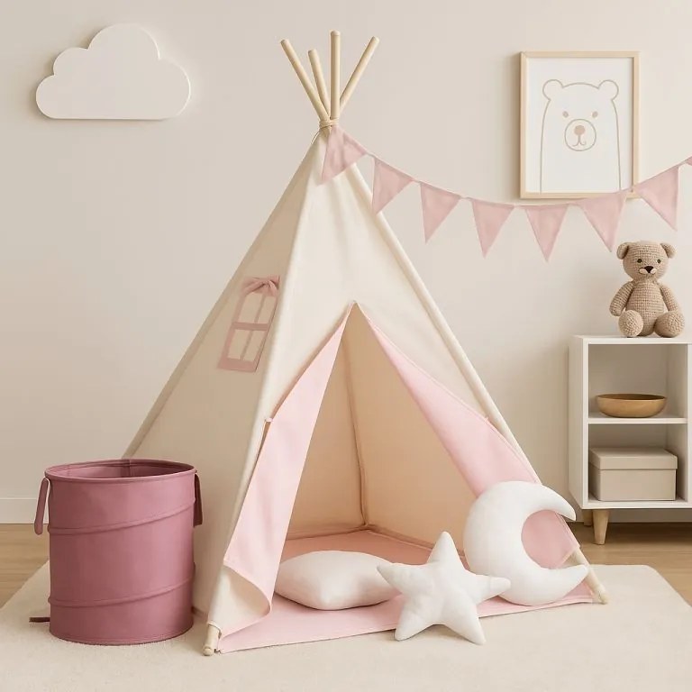 Cort Teepee pentru copii, roz / bej, cu accesorii + steag