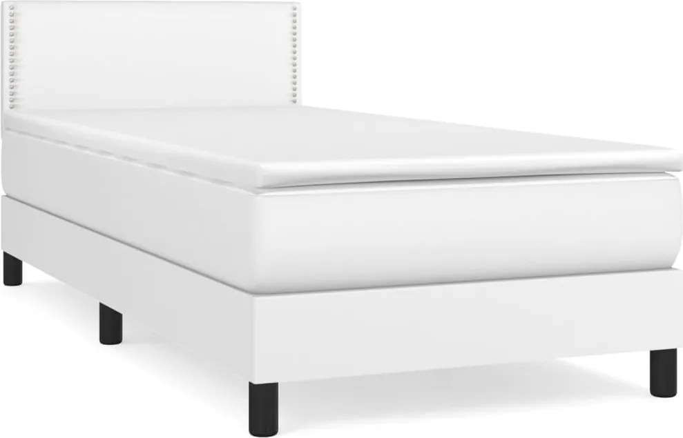 vidaXL Pat box spring cu saltea, alb, 100x200 cm, piele ecologică