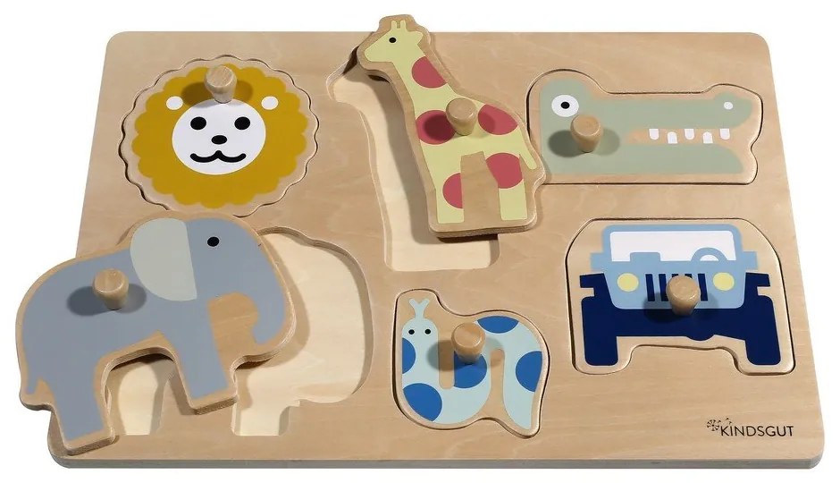 Puzzle (număr de piese 6) de inserat din lemn Safari – Kindsgut