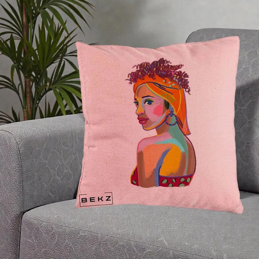 Perna Decorativa Portret Femeie Colorat Pop Art, 40x40 cm, Roz, Husa Detasabila, Perna Inclusa, BEKZ®