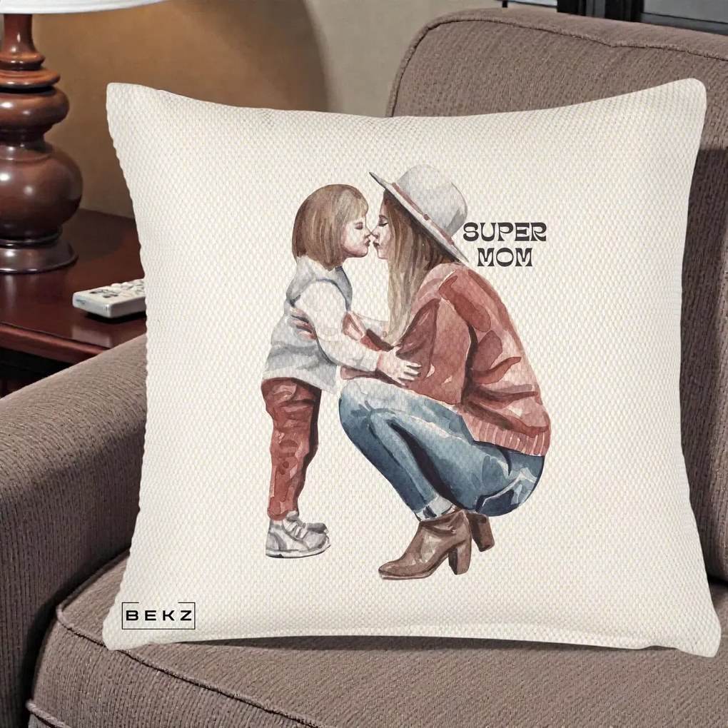 Cadou pentru Mama - Perna Personalizata Super Mom Acuarela, 40x40 cm, Crem Reliefat, Husa Detasabila, Perna Inclusa, BEKZ®