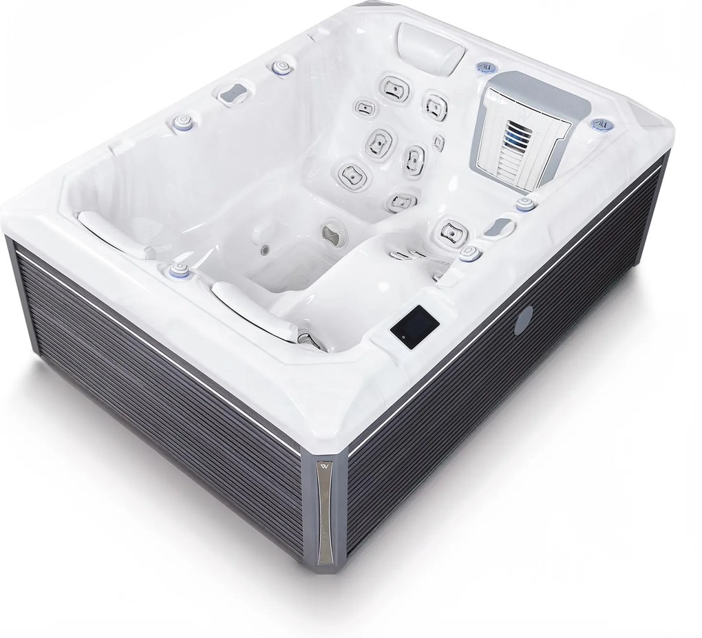 Minipiscina jacuzzi 3 persoane, alb-lucios, 32 jeturi, WiFi, sistem audio, pompa caldura integrata, In-Line WIS, unitate Gecko IN.YE-3, 160 x 215,