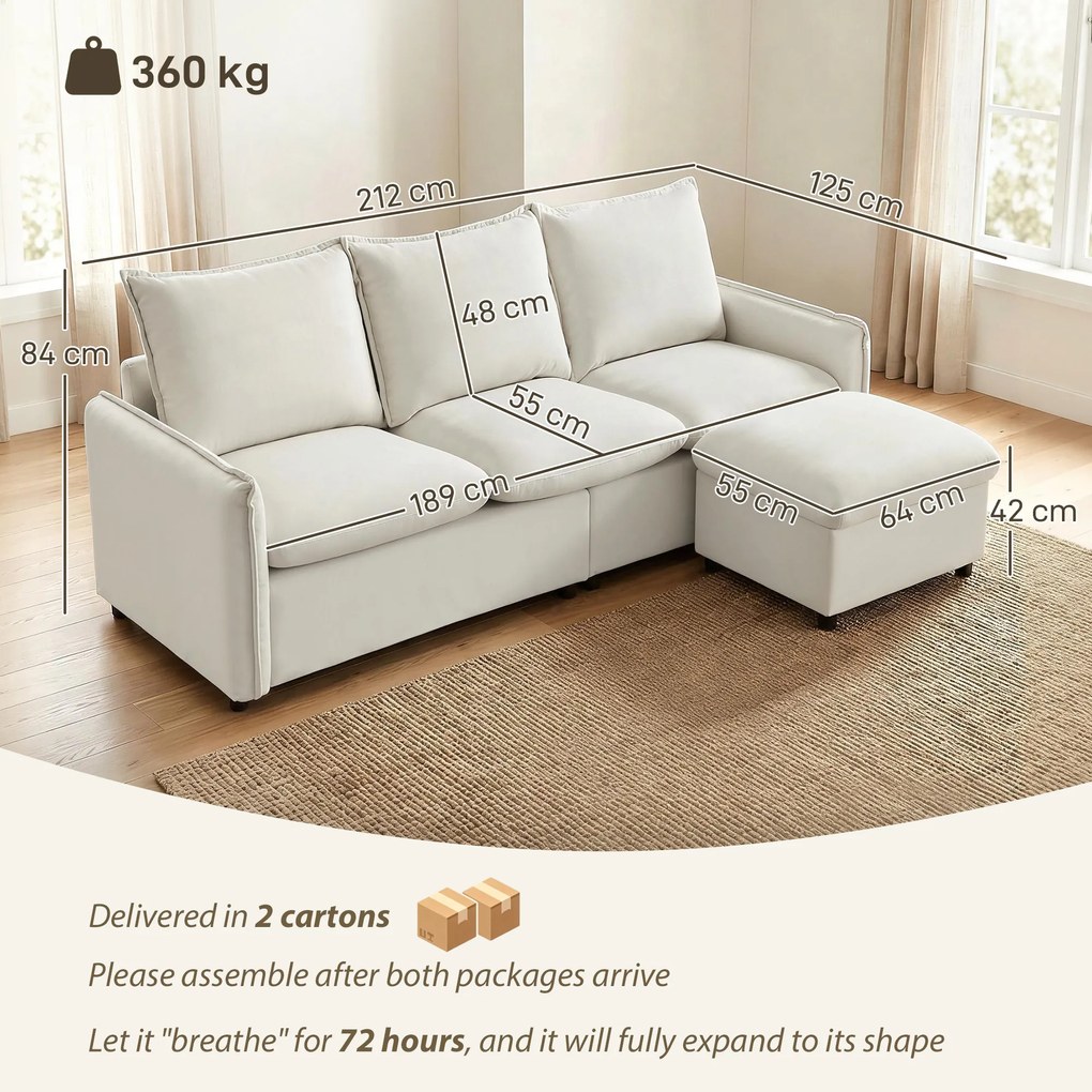 Set Canapea 3 Locuri, HOMCOM, Leathaire, 212x125x84cm, Crem | Aosom Romania