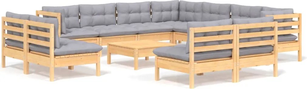vidaXL Set mobilier de grădină cu perne, 12 piese, gri, lemn masiv pin