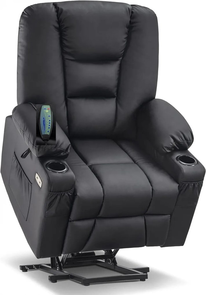RESIGILAT- Fotoliu Electric Power Lift&Recliner, ridicare și rabatare, masaj și incalzire, porturi USB, suporturi pentru pahare, buzunare laterale, telecomenzi, PU, Negru