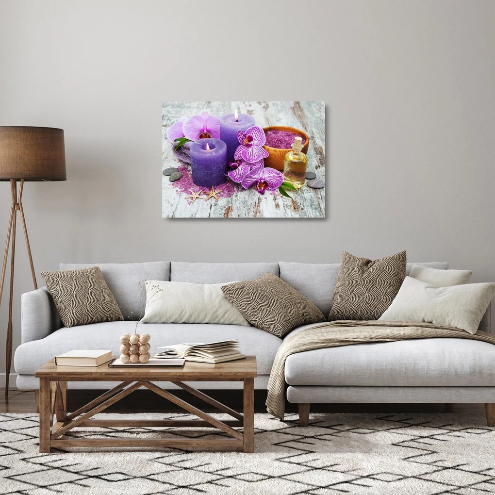 Tablou pe sticlă cu orhidee și lumănări (70x50 cm)