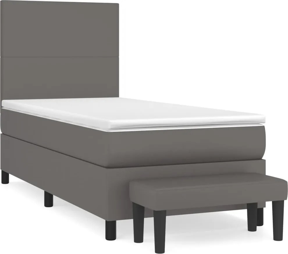 vidaXL Pat box spring cu saltea, gri, 90x200 cm, piele ecologică