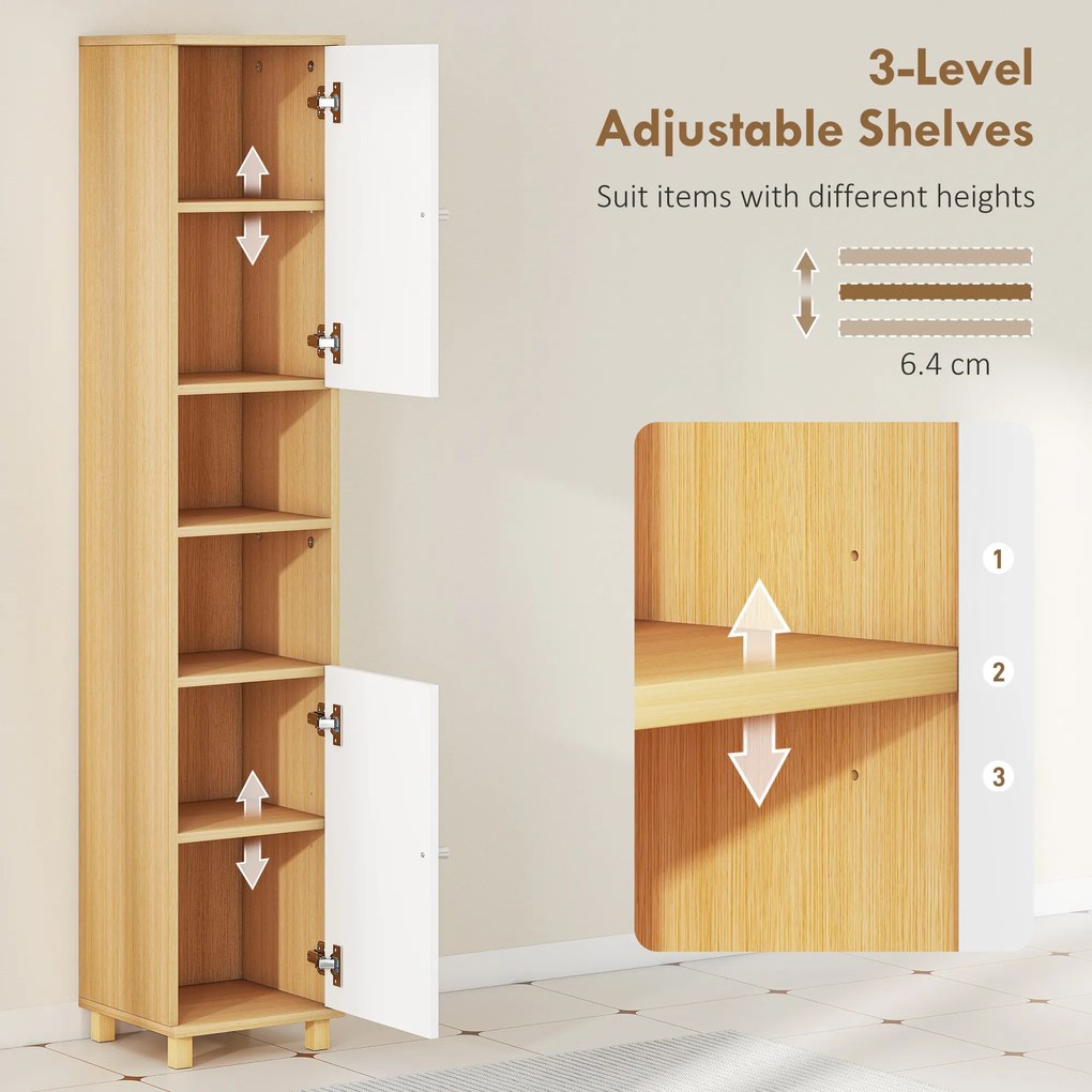 HOMCOM Dulap de Baie înalt cu Uși, 2 Rafturi Deschise, 2 Dulapuri, Dulap de Baie Economisitor de Spațiu cu Rafturi Reglabile pentru Sala de Mese Sufragerie, 30x30x166 cm, Alb și Lemn | Aosom Romania