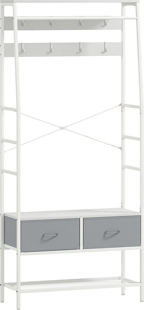 HOMCOM Cuier pentru pantofi cu spațiu pentru pantofi, cârlige, sertare, bară și raft pentru intrare, hol, living 80x30x180,5 cm Alb | Aosom Romania