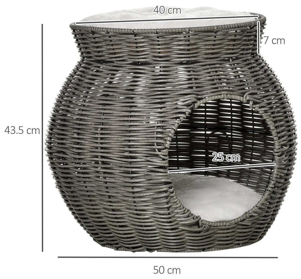 PawHut Coș pentru Pisici din Rattan PE cu 2 Niveluri, Zonă de Zgâriat și Cușcă, Perne de Plus Lavabile, Diametru Φ50x43.5cm, Gri Închis | Aosom Romania