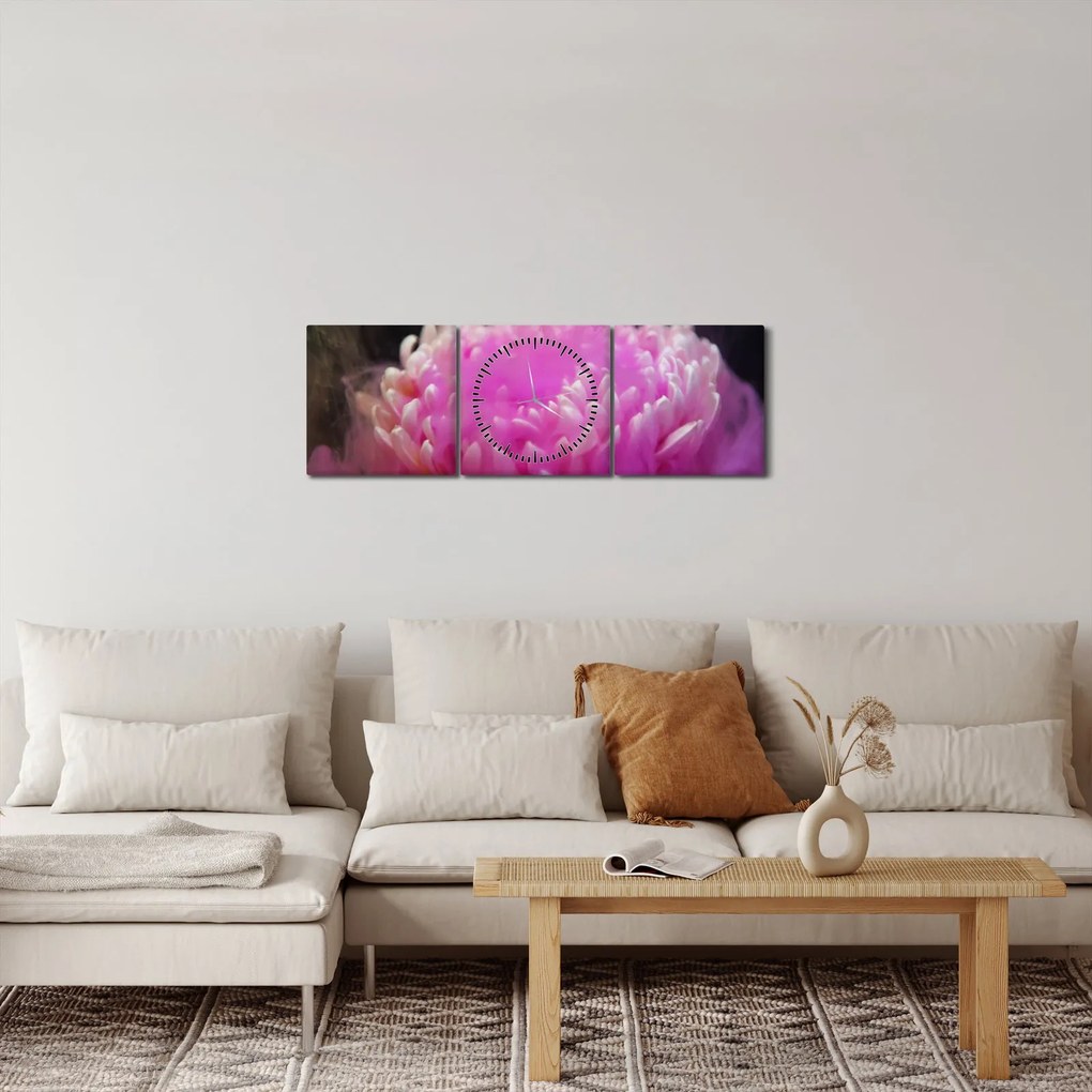 Tablou cu floare în fum roz (cu ceas) (90x30 cm)