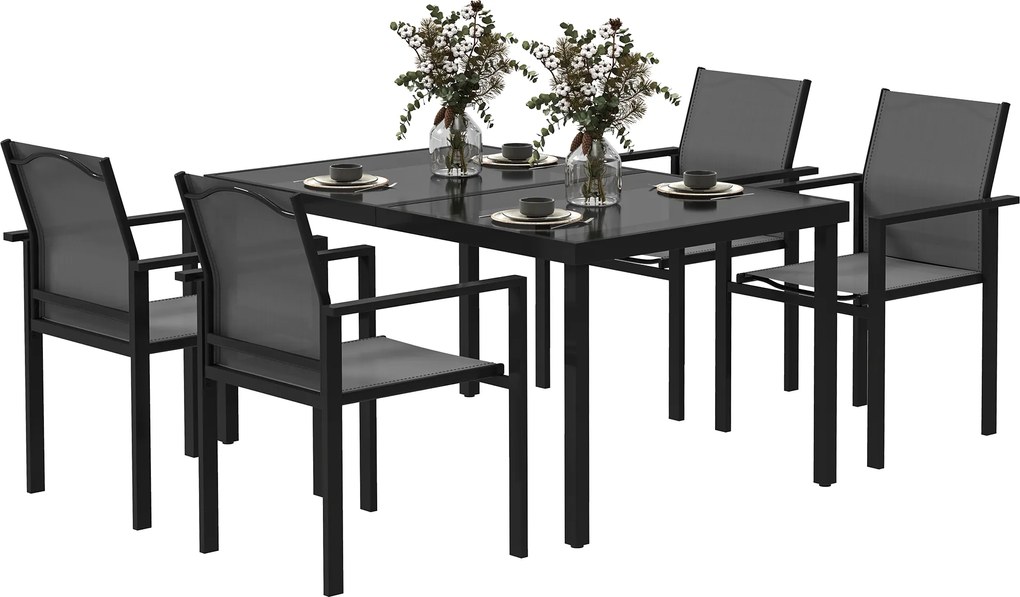 Outsunny Masă de grădină exterioară cu 4 scaune empilabile, blat din sticlă securizată 140 cm, negru | Aosom Romania