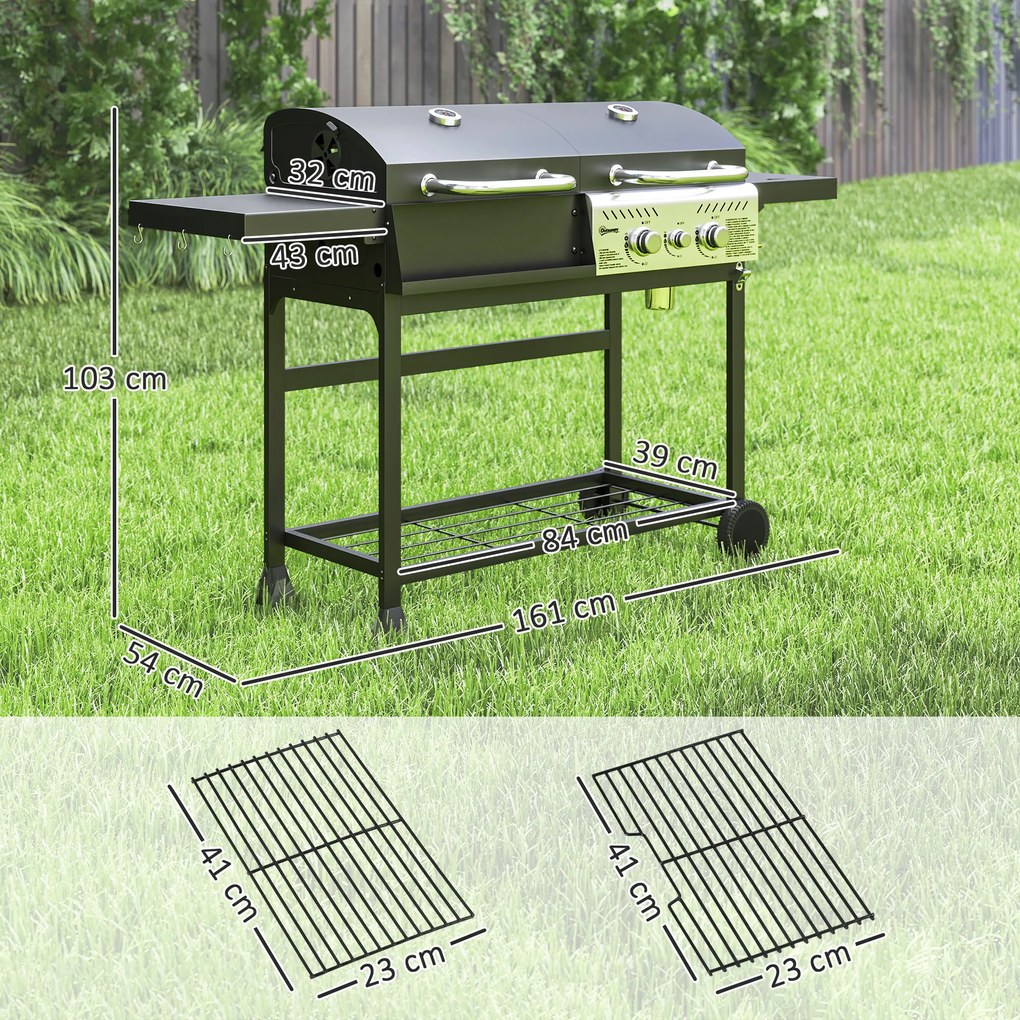 Outsunny Grill Gaz-Cărbune, 3 Arzătoare 7kW, Negru | Aosom Romania
